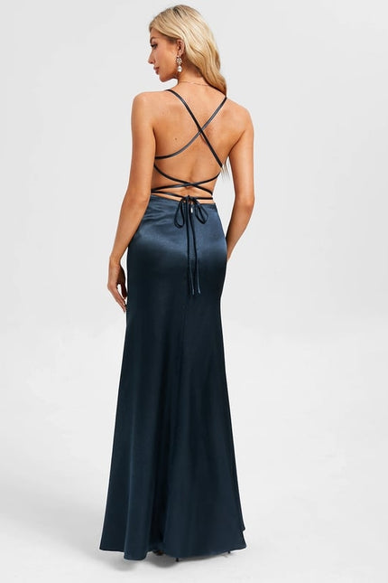 Fourreau col v longueur ras du sol satin extensible robe de bal avec plissée - gallery 4