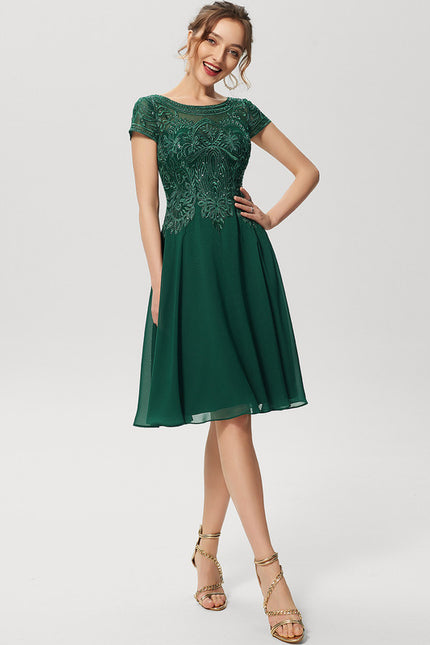 Trapèze col rond longueur genou dentelle mousseline robe de cocktail avec paillettes - gallery 3