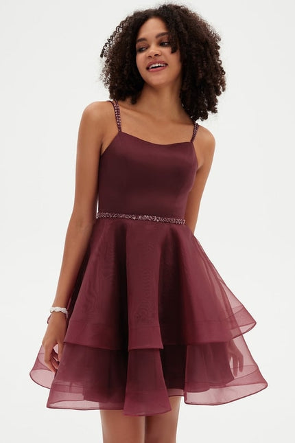 Trapèze col rond court organza robe de bal de promo avec perles paillettes - gallery 5