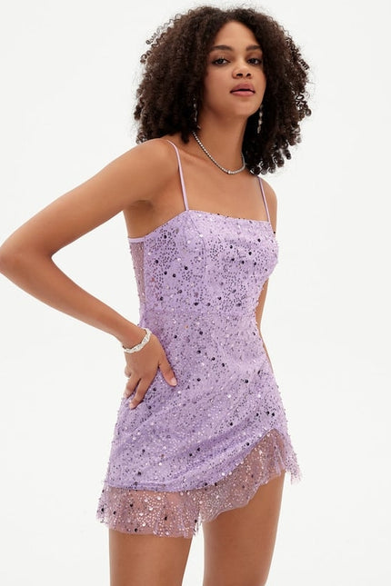 Fourreau col droit mini paillette robe de bal de promo avec paillettes perles - gallery 6