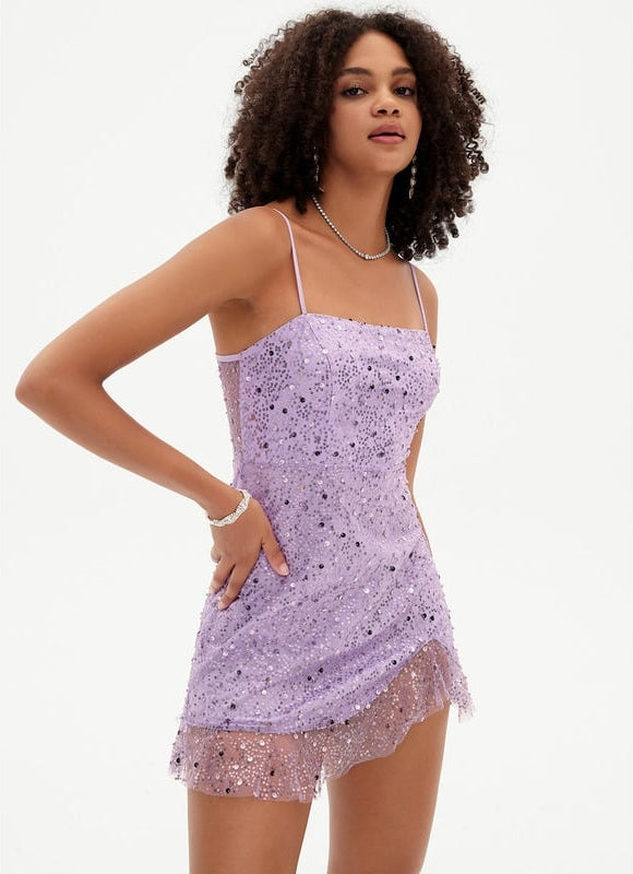 Fourreau col droit mini paillette robe de bal de promo avec paillettes perles - gallery 6
