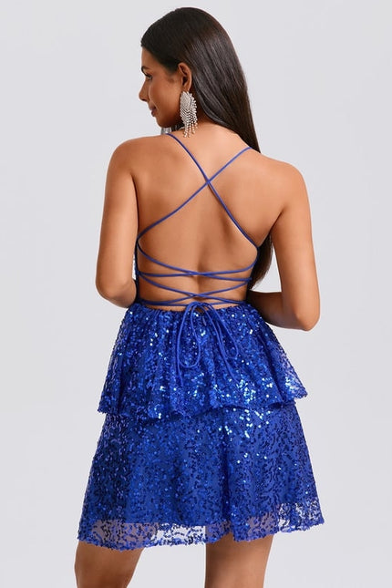 Trapèze col droit court paillette robe de bal de promo - gallery 5