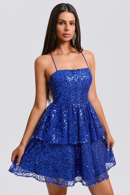 Trapèze col droit court paillette robe de bal de promo - gallery 3