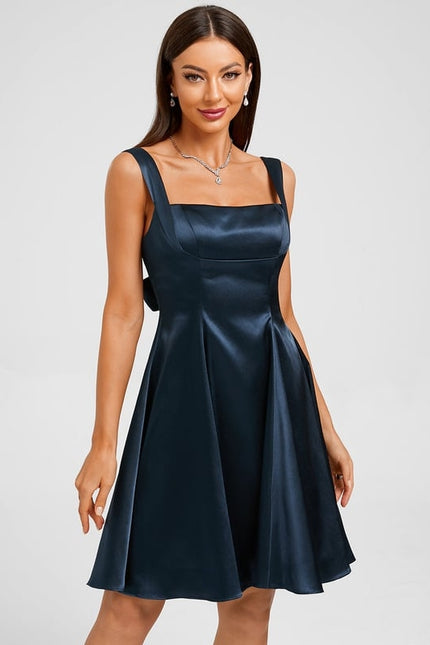 Trapèze col droit court satin extensible robe de bal de promo avec nœud - gallery 4