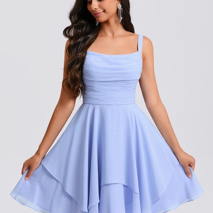 Trapèze col rond court mousseline robe de bal de promo avec plissée