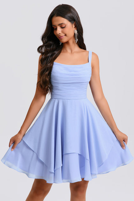 Trapèze col rond court mousseline robe de bal de promo avec plissée