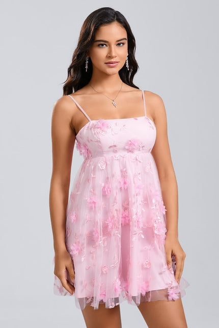 Trapèze col droit mini dentelle robe de bal de promo avec nœud fleurs - gallery 2