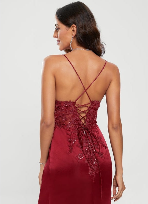 Fourreau col v longueur ras du sol satin robe de bal avec paillettes - gallery 5
