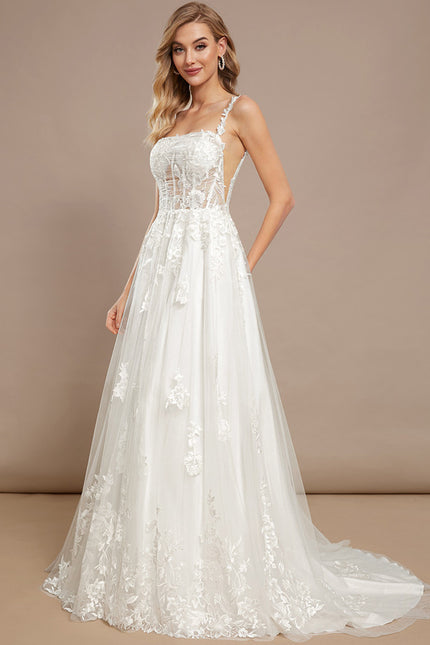 Princesse col carré traîne balayage tulle dentelle robe de mariée