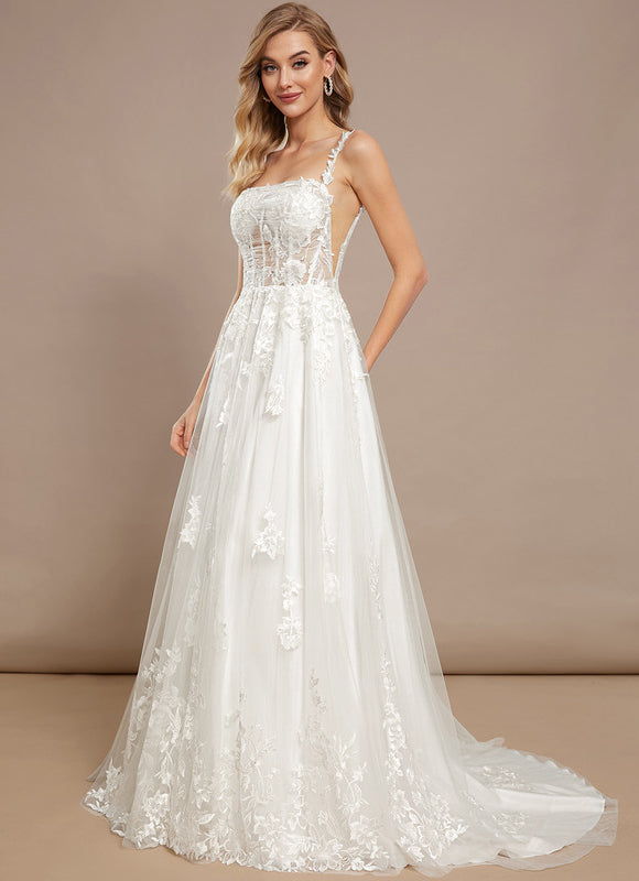 Princesse col carré traîne balayage tulle dentelle robe de mariée
