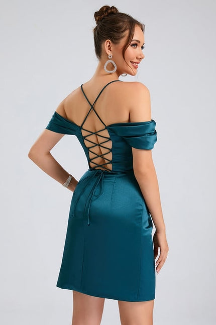 Fourreau épaule dénudée court satin robe de bal de promo - gallery 1