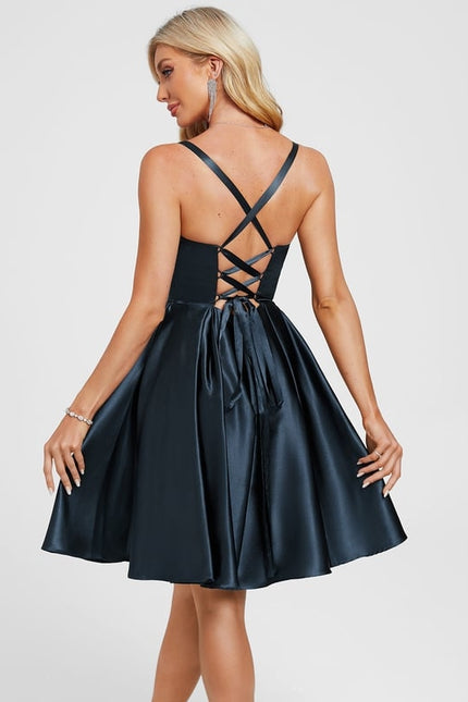 Trapèze col cœur court satin extensible robe de bal de promo avec plissée - gallery 3