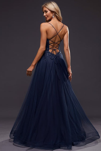 Trapèze col droit longueur ras du sol tulle robe de bal avec paillettes - gallery 6