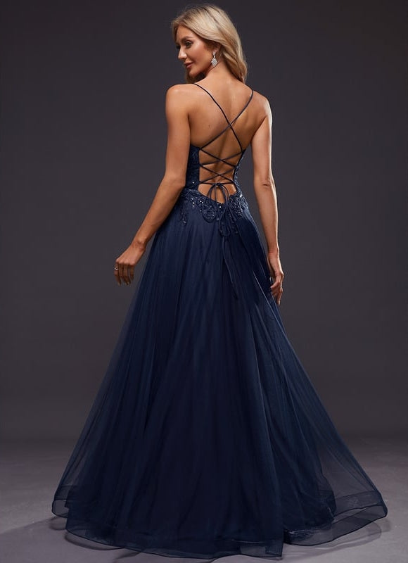 Trapèze col droit longueur ras du sol tulle robe de bal avec paillettes - gallery 6