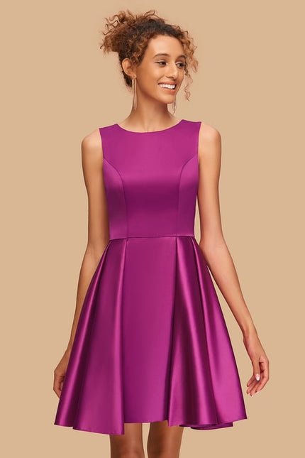 Trapèze col rond court satin robe de bal de promo - gallery 3