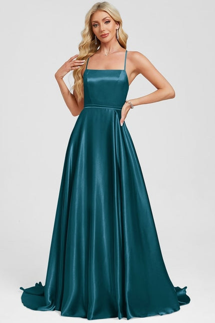Trapèze col carré traîne balayage satin extensible robe de bal - gallery 5