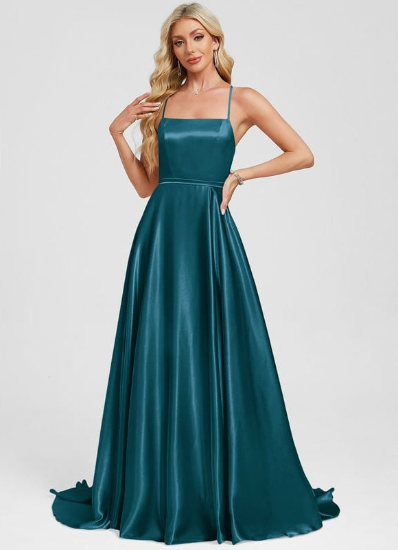 Trapèze col carré traîne balayage satin extensible robe de bal - gallery 5