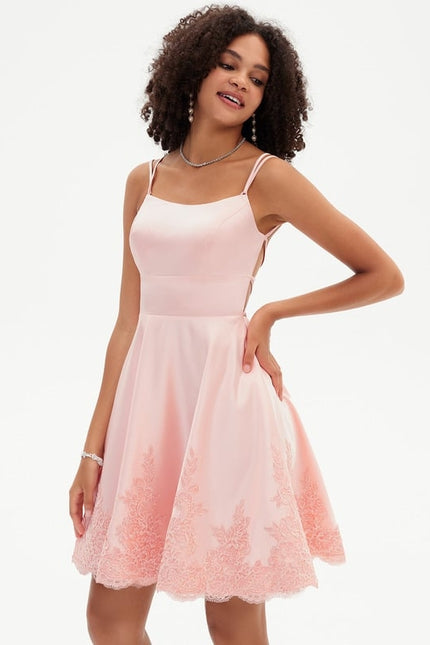 Trapèze col rond court satin robe de bal de promo - gallery 5