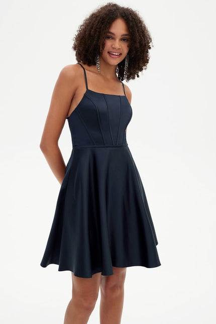 Trapèze col rond court satin robe de bal de promo - gallery 4