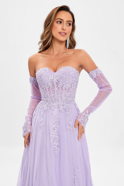 Trapèze col cœur traîne balayage tulle robe de bal avec paillettes appliques de dentelle - gallery 2