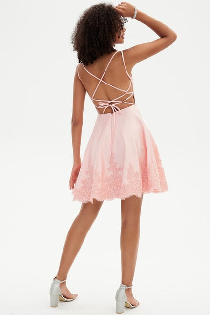 Trapèze col rond court satin robe de bal de promo - gallery 6