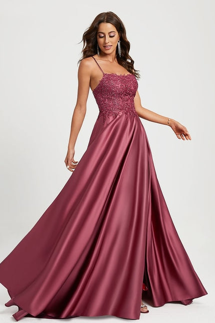 Trapèze col carré traîne balayage satin robe de bal avec strass - gallery 2
