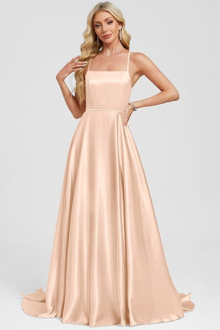 Trapèze col carré traîne balayage satin extensible robe de bal - gallery 8