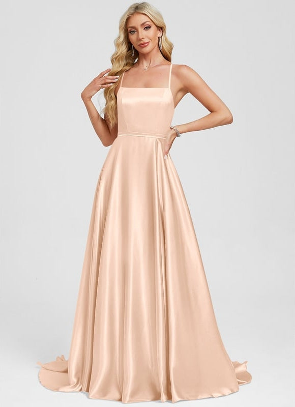 Trapèze col carré traîne balayage satin extensible robe de bal - gallery 8