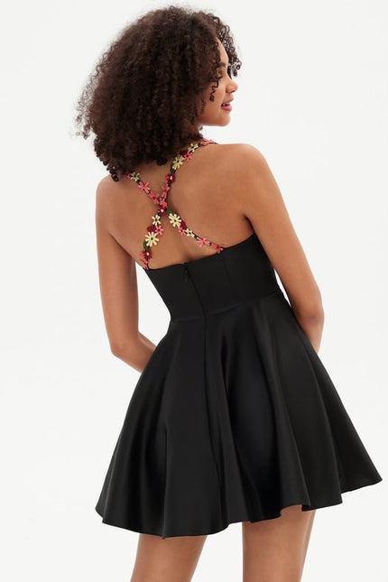 Trapèze col cœur court mini satin robe de bal de promo avec broderie - gallery 7