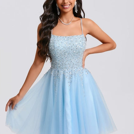Trapèze col rond court tulle paillette robe de bal de promo avec paillettes perles