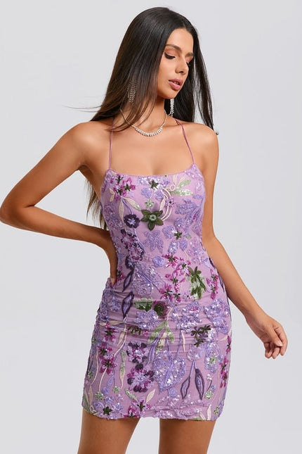 Moulante col rond mini dentelle floral robe de bal de promo avec paillettes broderie - gallery 3