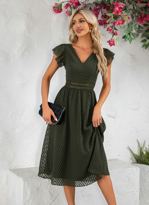 Robe à volants jacquard col v trapèze mousseline jacquard midi - gallery 2