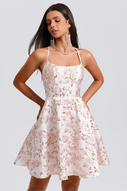Trapèze col rond court jacquard robe de bal de promo - gallery 2
