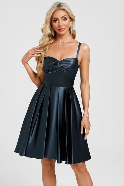 Trapèze col cœur court satin extensible robe de bal de promo avec plissée