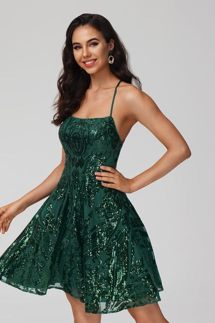 Trapèze col rond court paillette robe de bal de promo avec paillettes - gallery 4