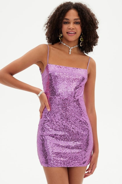 Fourreau col droit mini paillette robe de bal de promo avec paillettes - gallery 3