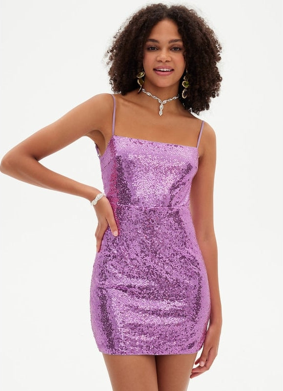 Fourreau col droit mini paillette robe de bal de promo avec paillettes - gallery 3