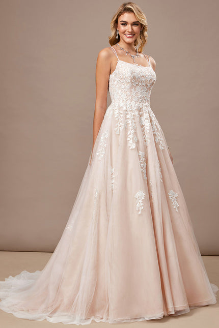 Princesse col carré traîne balayage tulle dentelle robe de mariée - gallery 4