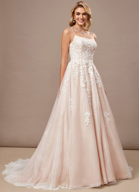 Princesse col carré traîne balayage tulle dentelle robe de mariée - gallery 4