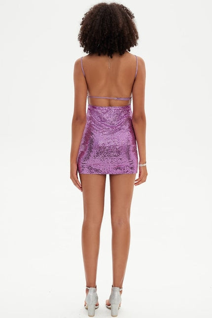 Fourreau col droit mini paillette robe de bal de promo avec paillettes - gallery 1