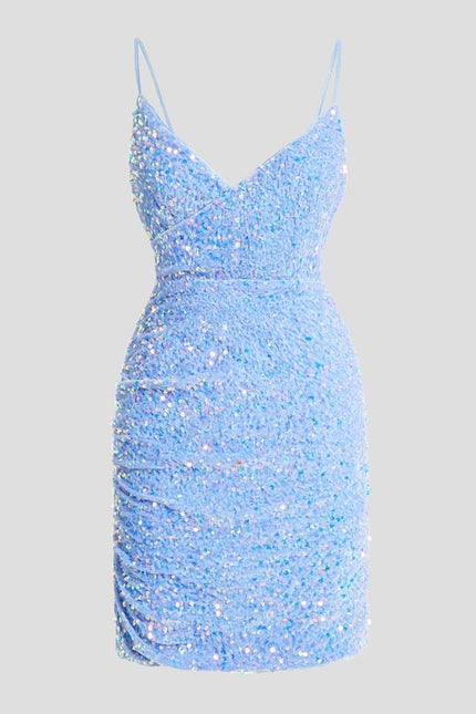 Fourreau col v mini paillette robe de bal de promo avec paillettes
