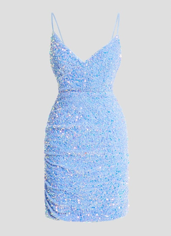 Fourreau col v mini paillette robe de bal de promo avec paillettes