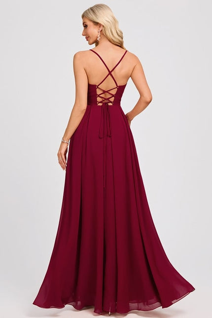 Trapèze col cœur longueur ras du sol mousseline robe de bal avec plissée - gallery 5