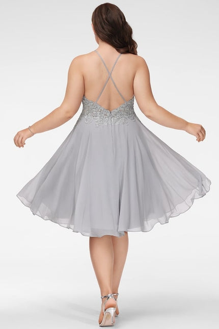 Trapèze col rond longueur genou dentelle mousseline robe de bal de promo avec paillettes - gallery 7