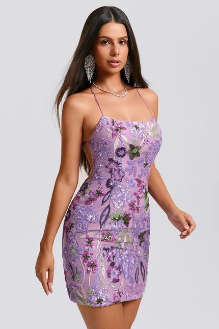 Moulante col rond mini dentelle floral robe de bal de promo avec paillettes broderie - gallery 1