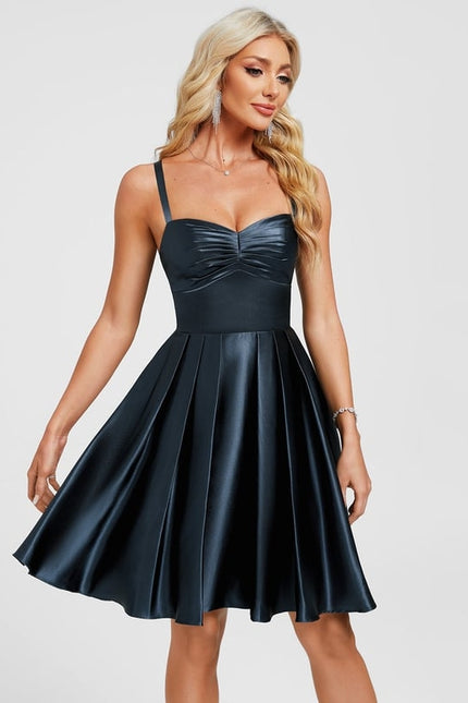 Trapèze col cœur court satin extensible robe de bal de promo avec plissée - gallery 5