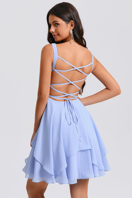 Trapèze col rond court mousseline robe de bal de promo avec plissée - gallery 6