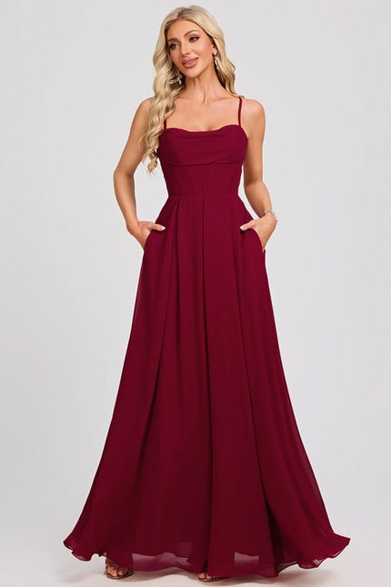 Trapèze col cœur longueur ras du sol mousseline robe de bal avec plissée - gallery 1