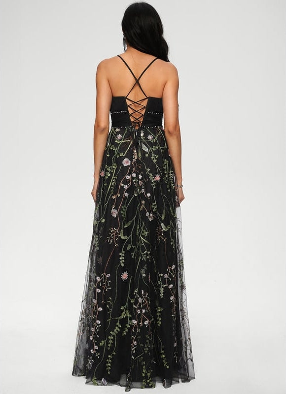 Trapèze col droit longueur ras du sol tulle robe de bal avec perles - gallery 3
