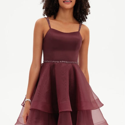 Trapèze col rond court organza robe de bal de promo avec perles paillettes